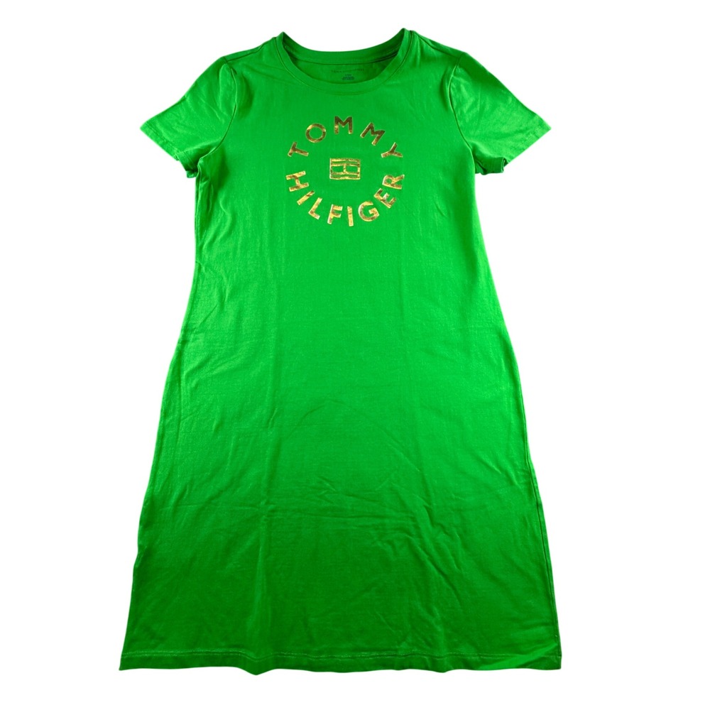 Tommy Hilfiger Green Gold Foil Logo T-Shirt Dress Short Sleeve Medium